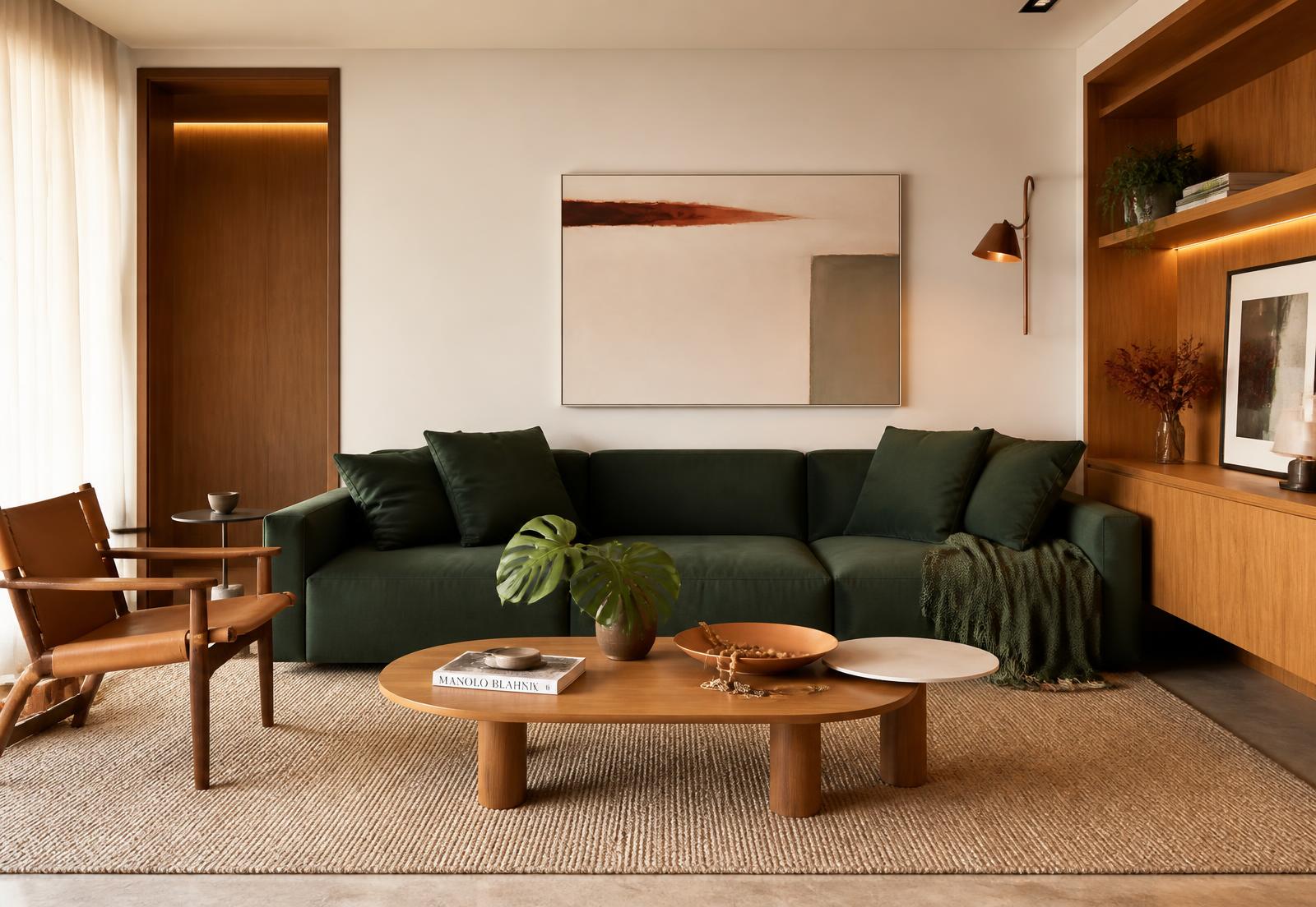 Sala de estar contemporânea com sofá verde e marcenaria em madeira natural